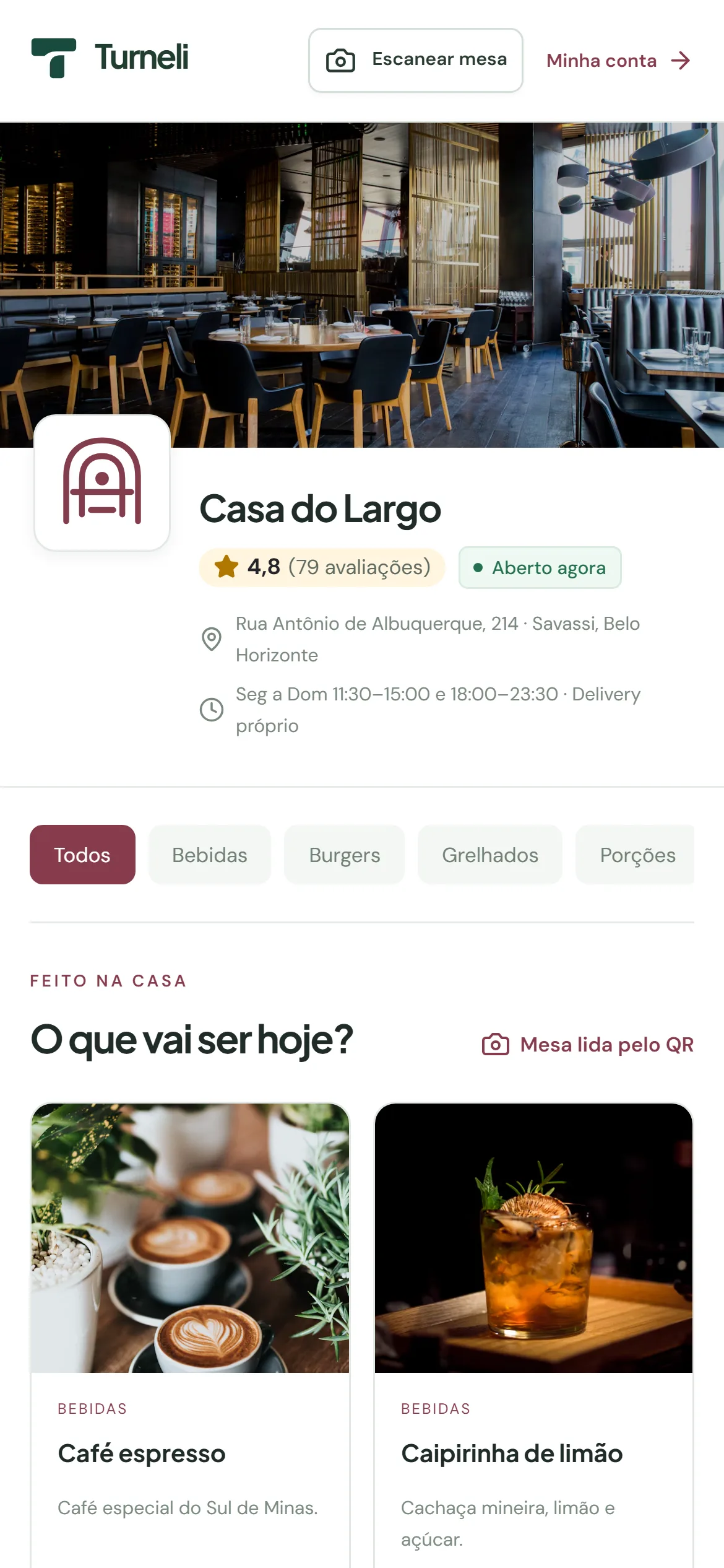 Tela do Turneli: cardápio digital da casa no celular, com categorias e pratos com foto
