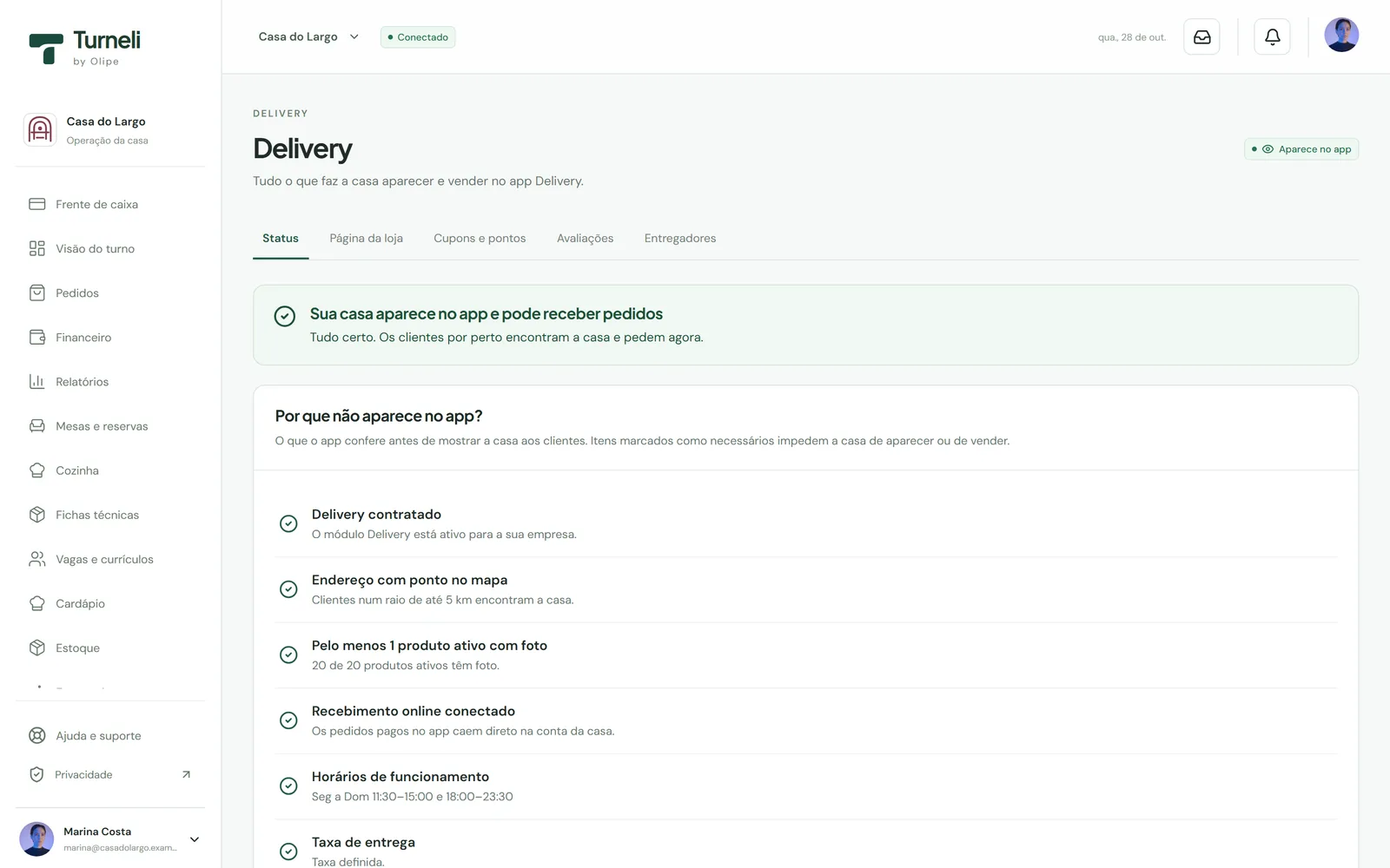Tela do Turneli: painel do Delivery confirmando que a casa aparece no app