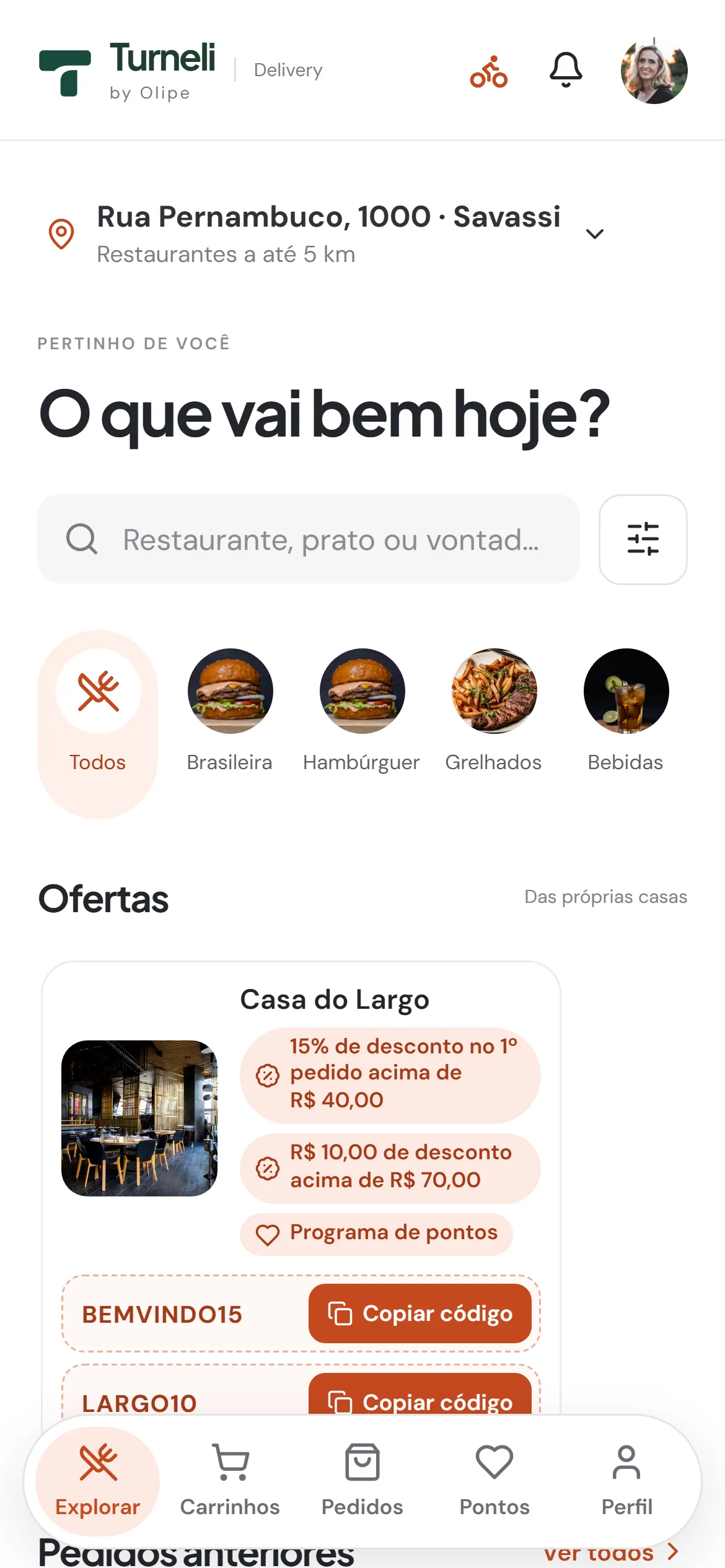 Tela do app Delivery do Turneli: busca, categorias e ofertas das casas próximas