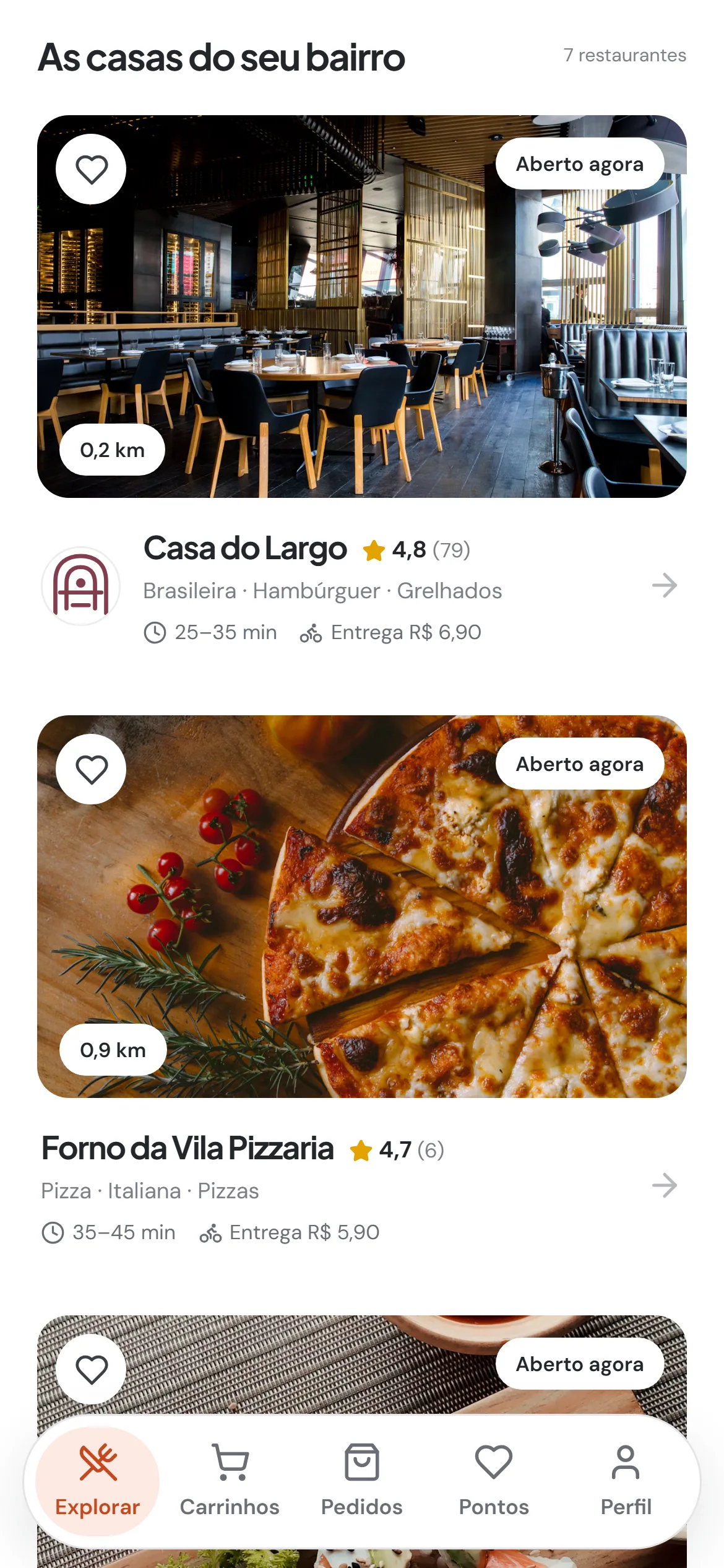 Tela do app Delivery do Turneli: lista de restaurantes do bairro com distância, nota e taxa de entrega
