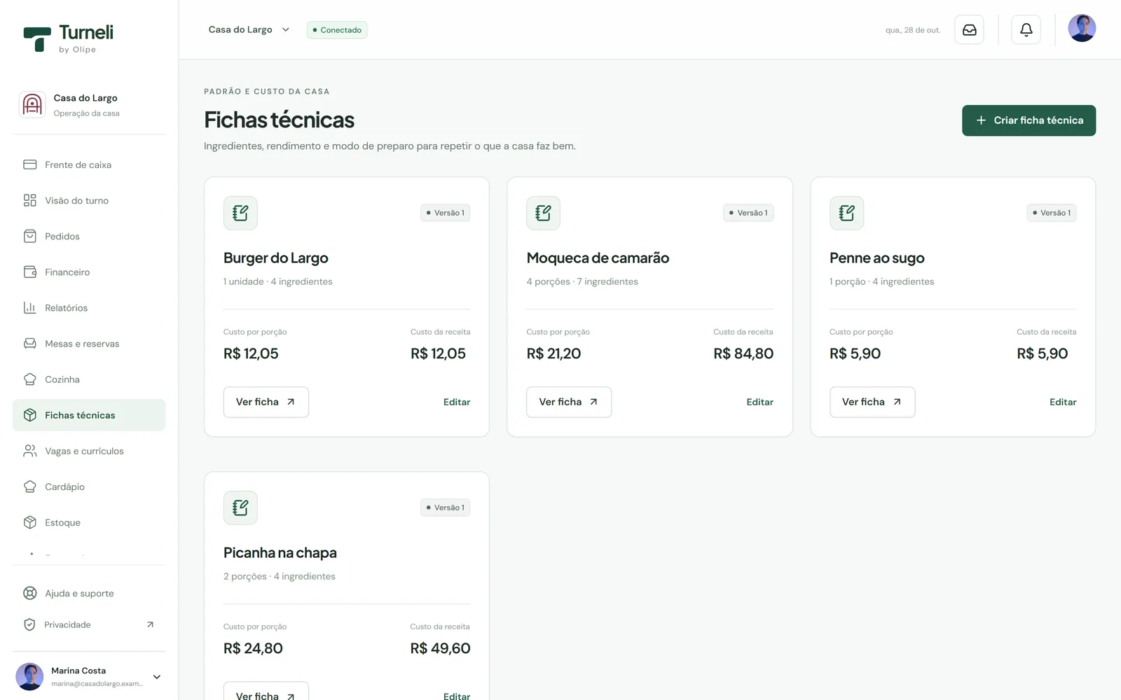 Tela do Turneli: fichas técnicas com custo por porção e custo da receita