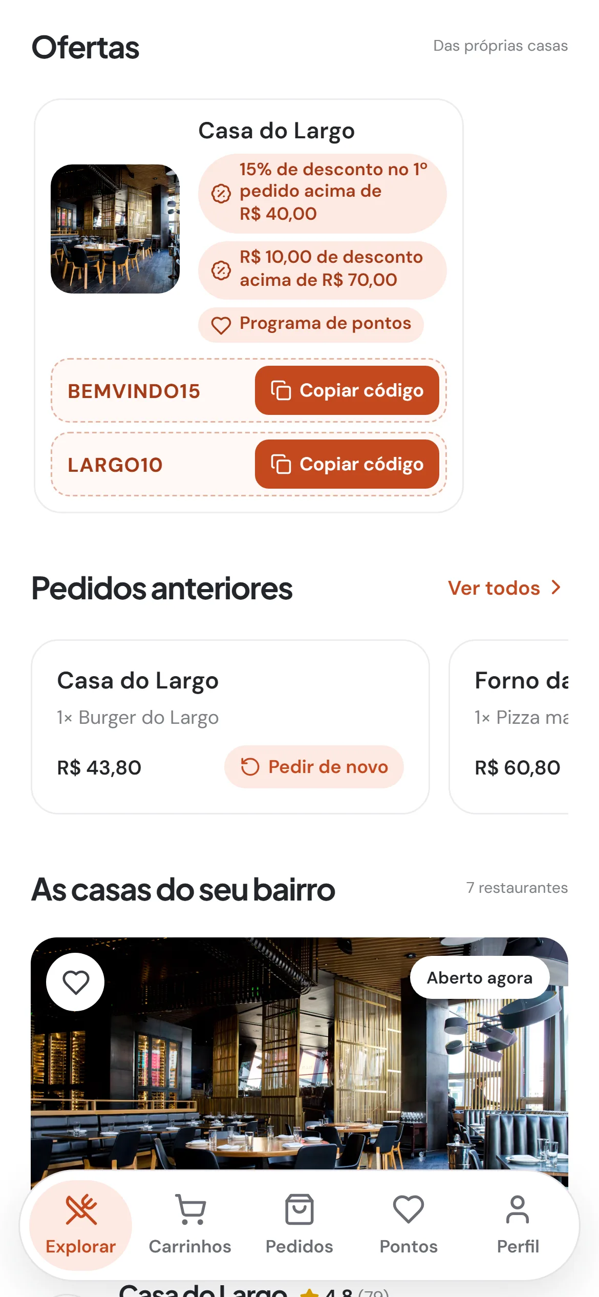 Tela do app Delivery do Turneli: ofertas da casa com códigos de cupom e pedidos anteriores