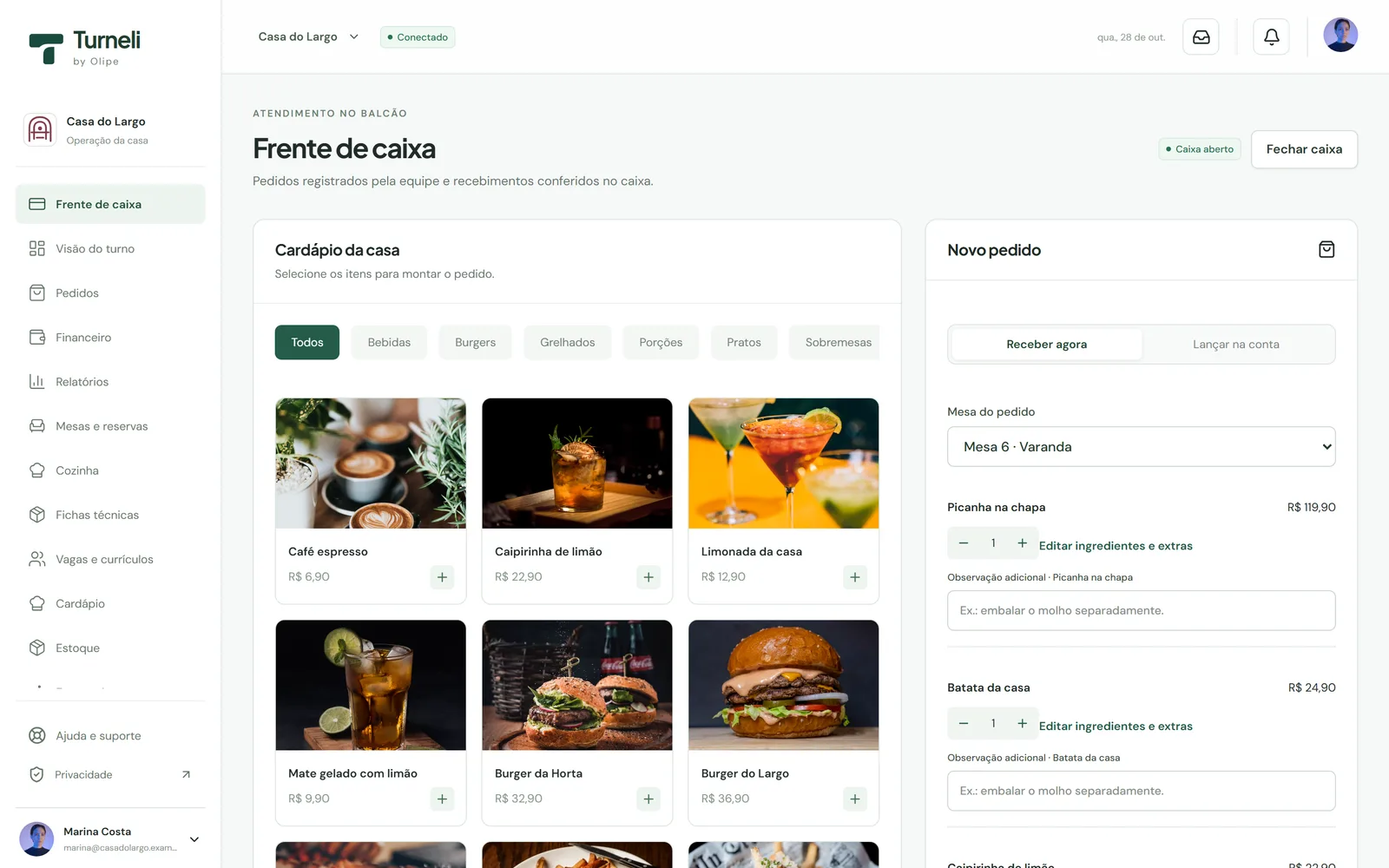 Tela do Turneli: frente de caixa com o cardápio em cartões e o novo pedido da mesa 6