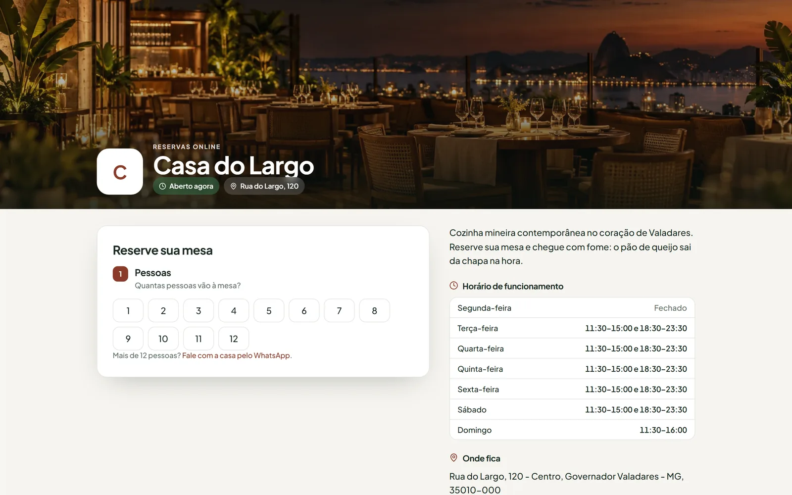 Tela do Turneli: página de reservas da casa com a capa, o logo, o cartão Reserve sua mesa e o horário de funcionamento ao lado