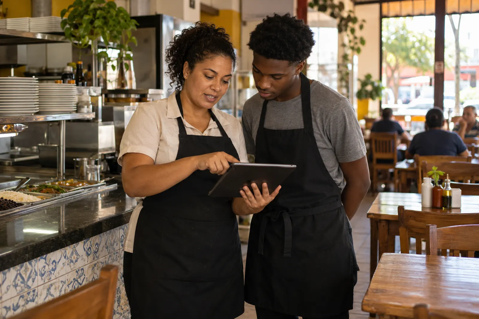 Dois funcionários do restaurante consultam juntos um tablet no salão
