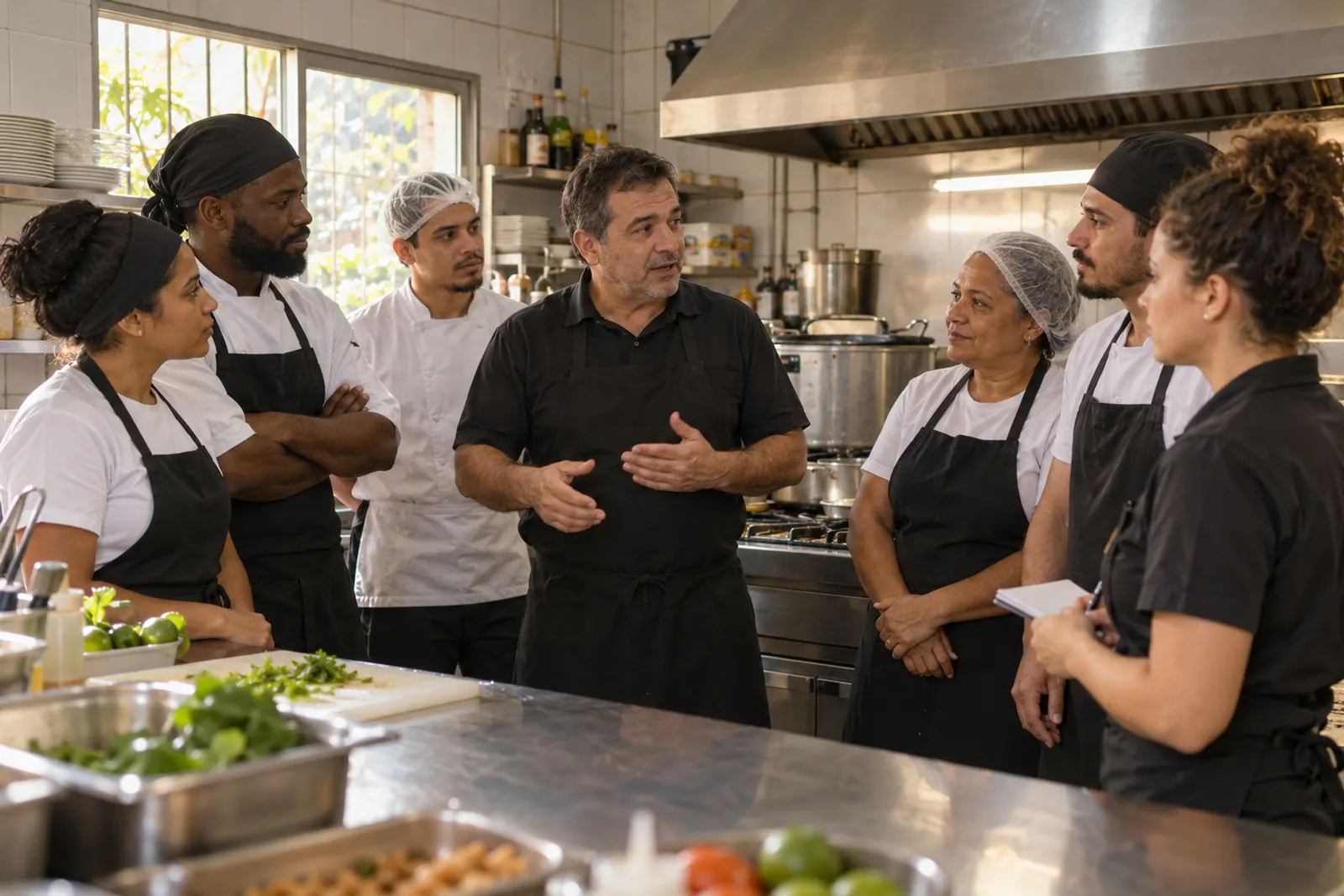 Gerente conversa com a equipe da cozinha antes do turno