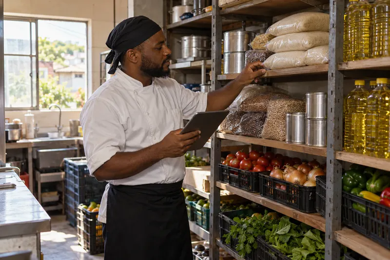 Cozinheiro confere a despensa do restaurante com um tablet na mão