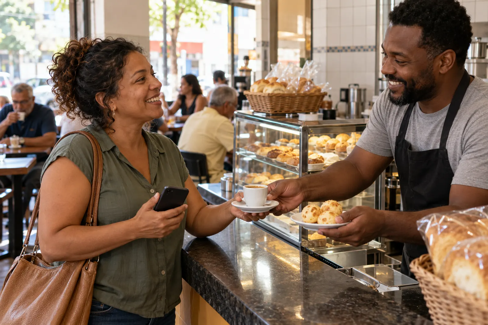 Cliente sorridente recebe o pedido no balcão de uma padaria com o celular na mão