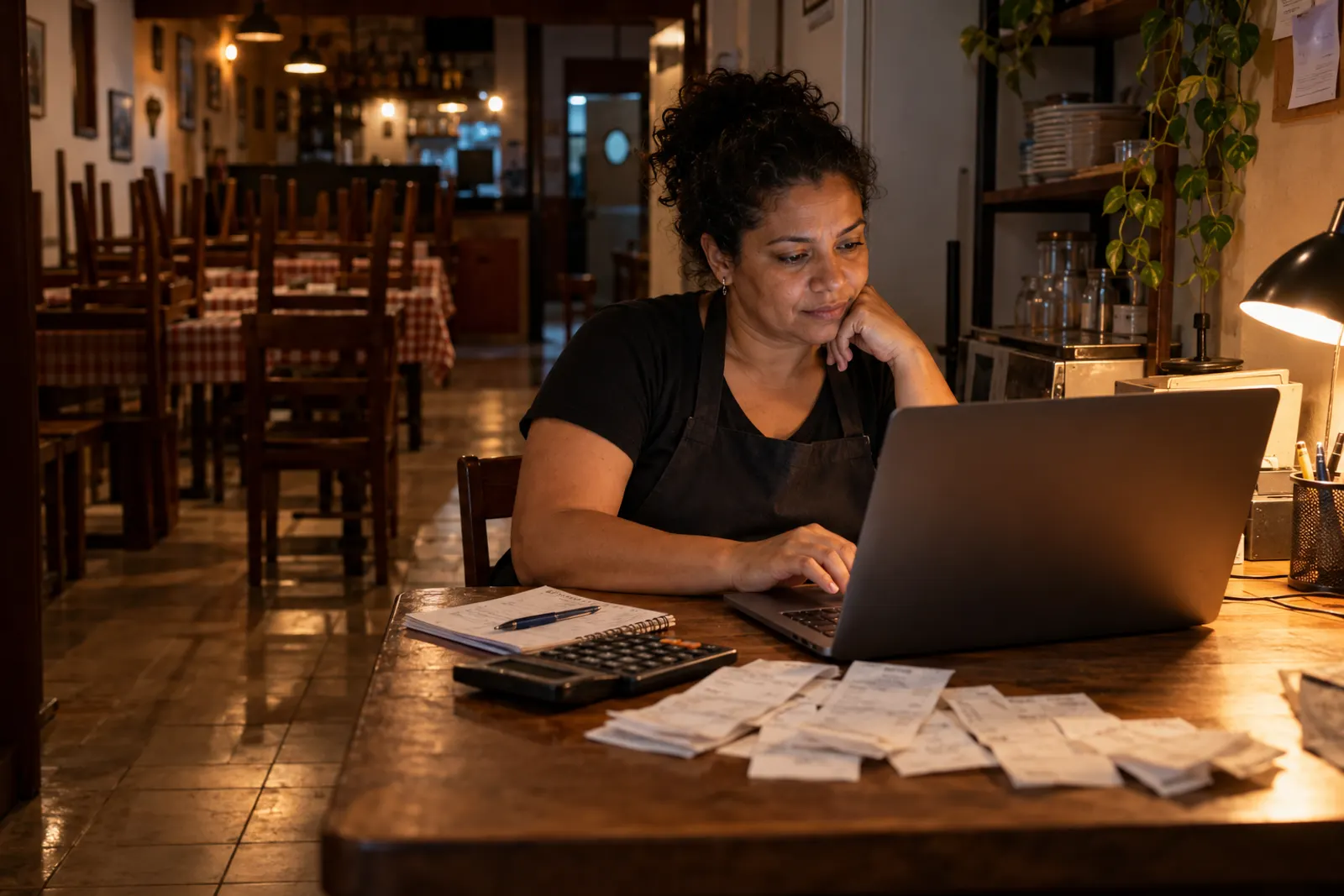 Dona do restaurante confere as contas no notebook, com comprovantes sobre a mesa
