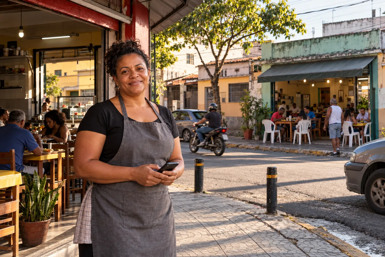 Dona de restaurante com o celular na mão na calçada, em frente ao salão aberto para a rua