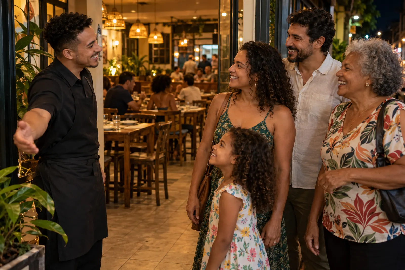 Garçom recebe uma família e indica a mesa no salão do restaurante