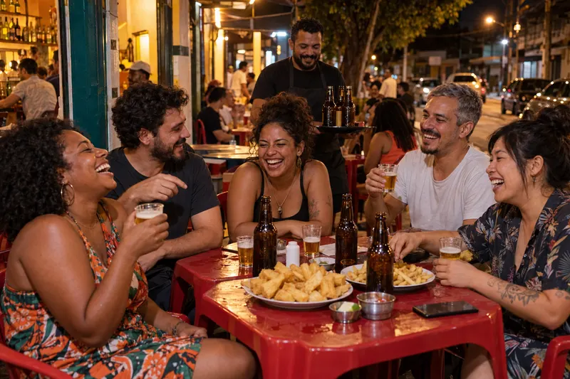 Amigos riem e brindam numa mesa de bar com petiscos e cerveja