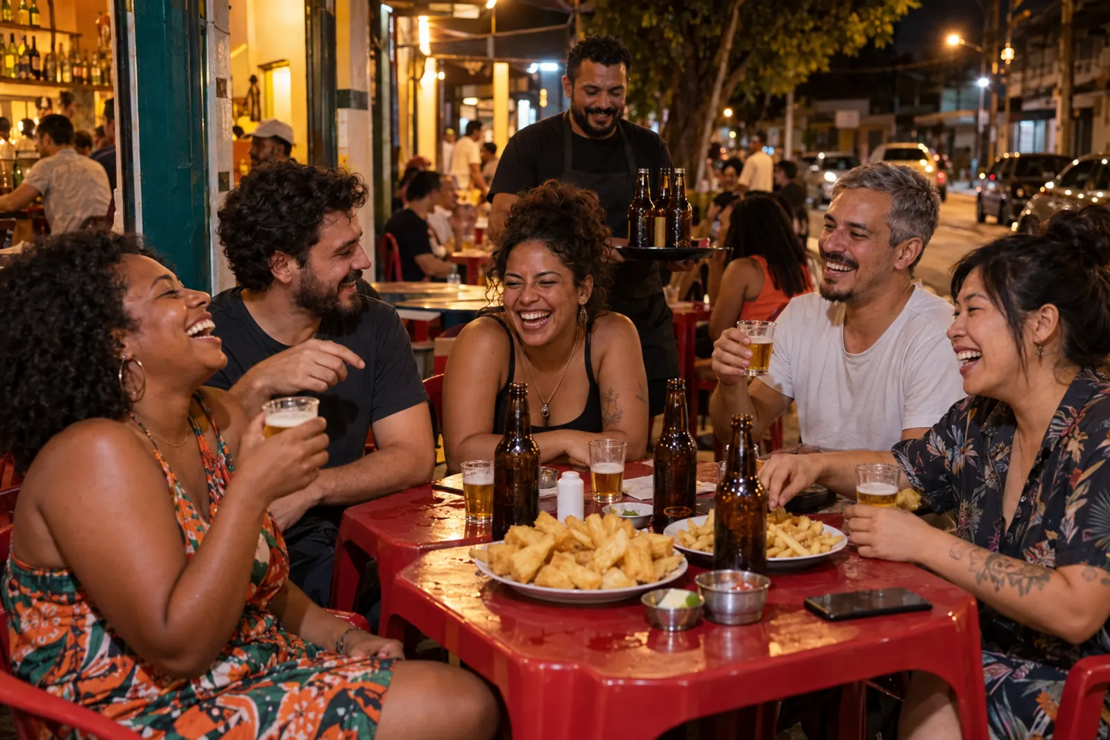 Amigos riem e brindam numa mesa de bar com petiscos e cerveja