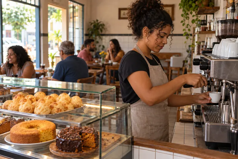 Barista prepara um café na máquina de espresso ao lado da vitrine de bolos
