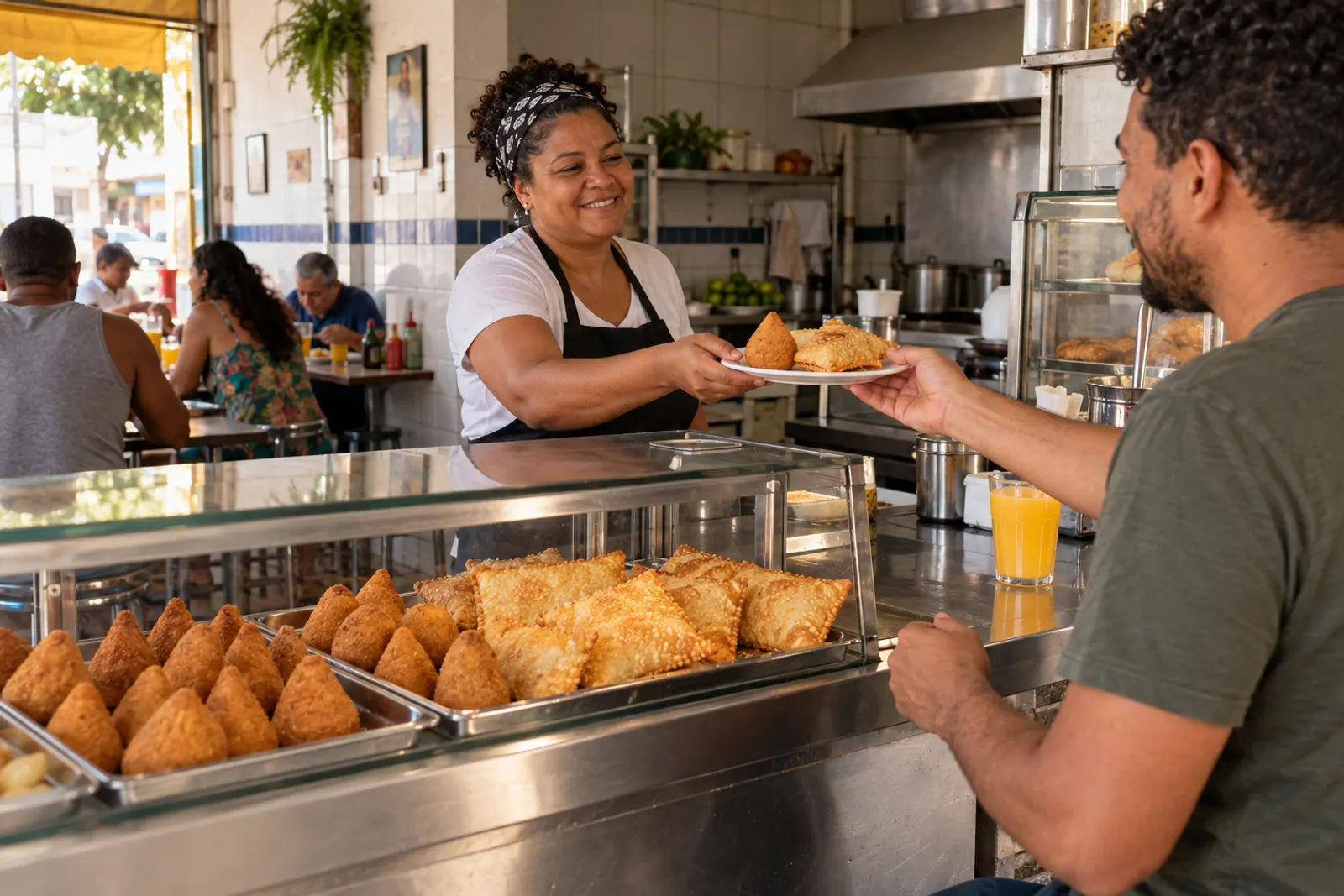 Atendente entrega um salgado ao cliente no balcão de uma lanchonete com coxinhas na vitrine