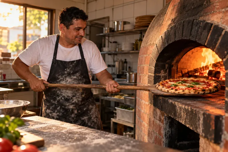 Pizzaiolo tira uma pizza do forno a lenha