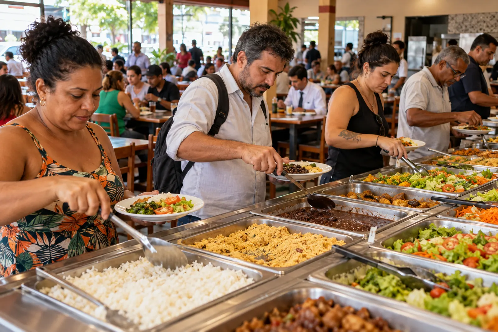Clientes se servem num bufê de comida brasileira na hora do almoço