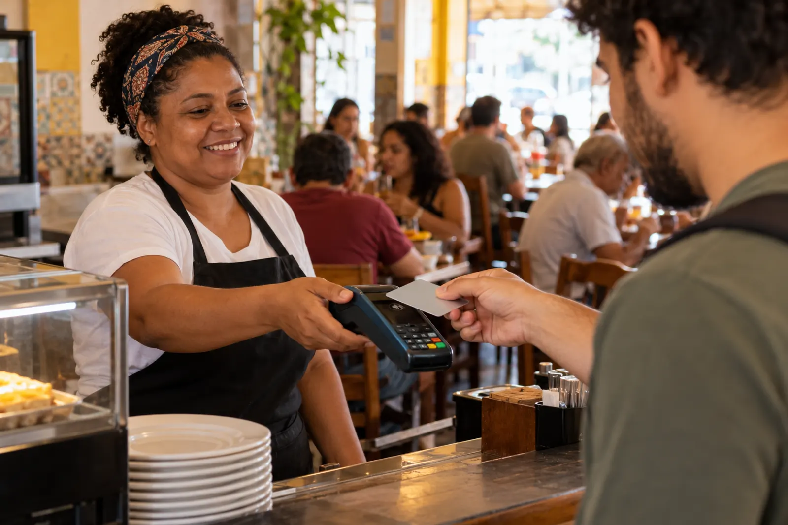 Atendente sorridente recebe o pagamento com a maquininha no balcão do restaurante