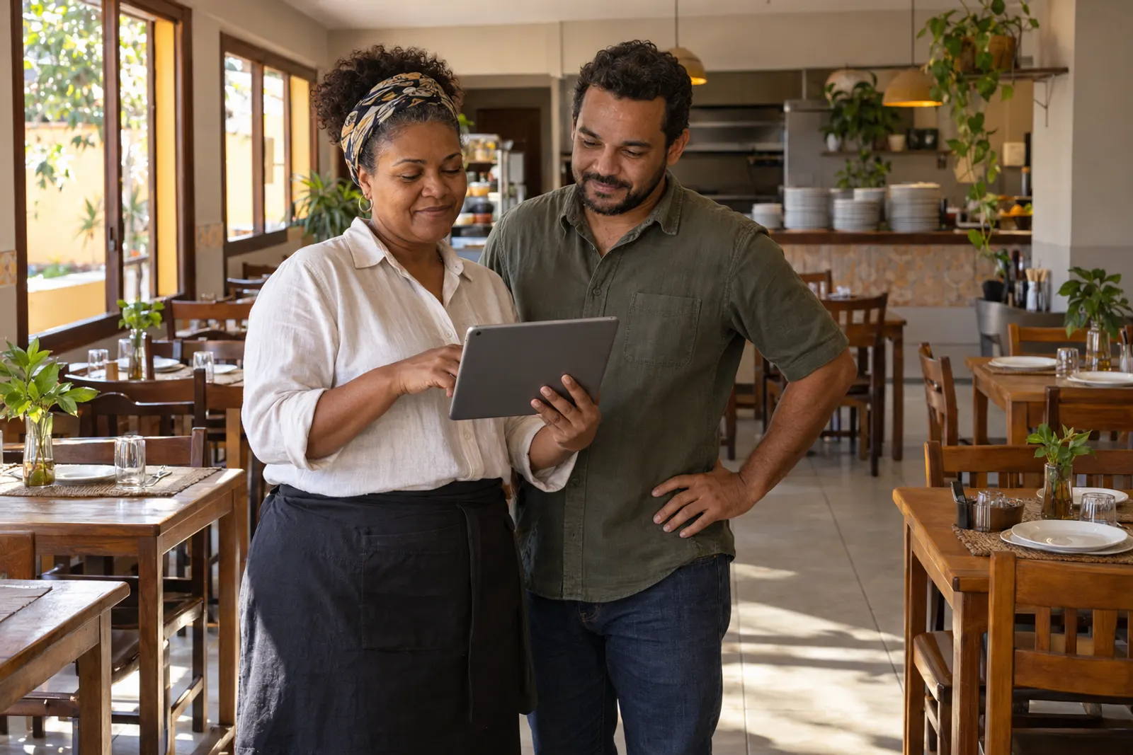Sócios do restaurante analisam os números num tablet no salão