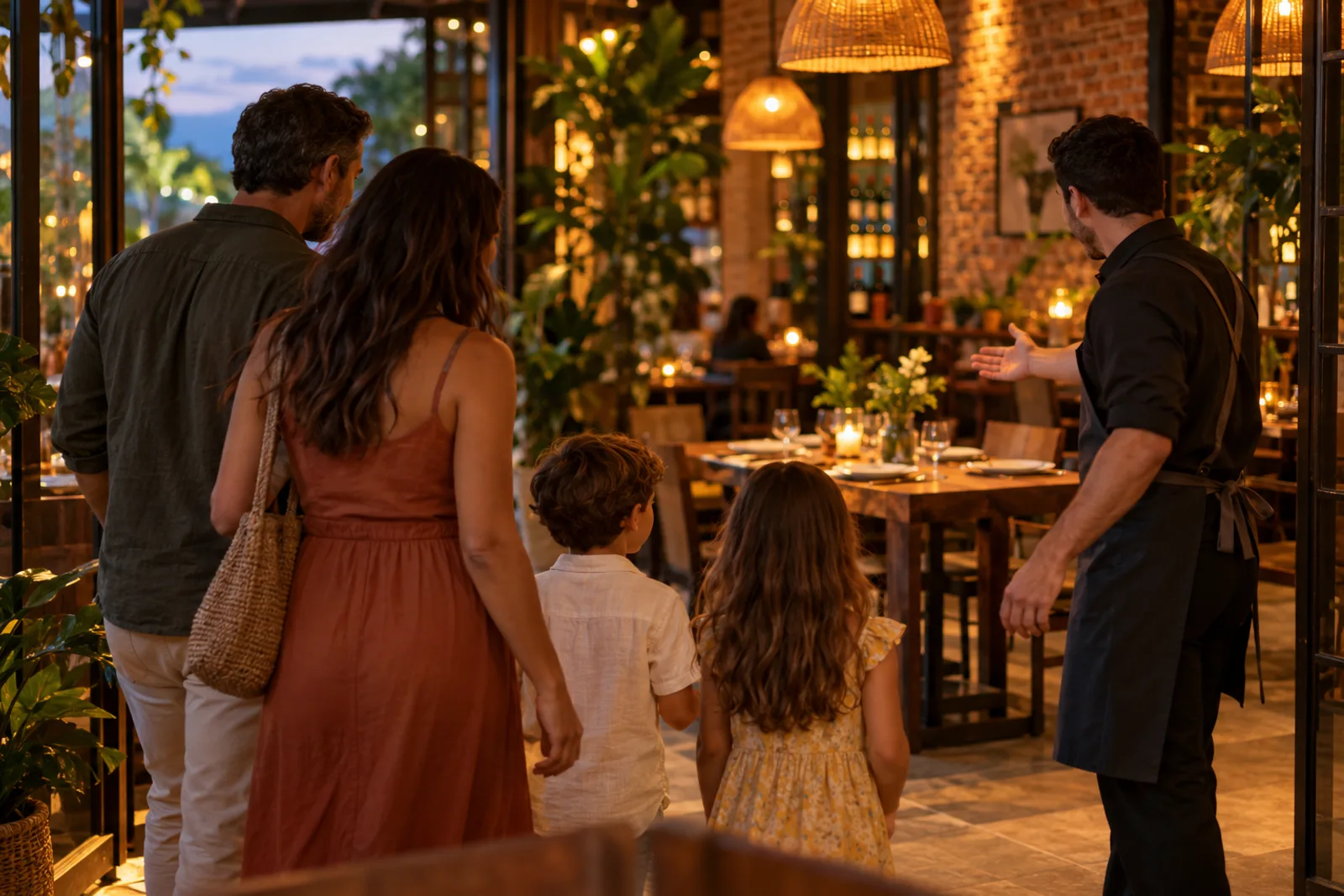 Família é recebida na entrada do restaurante e o anfitrião indica a mesa reservada